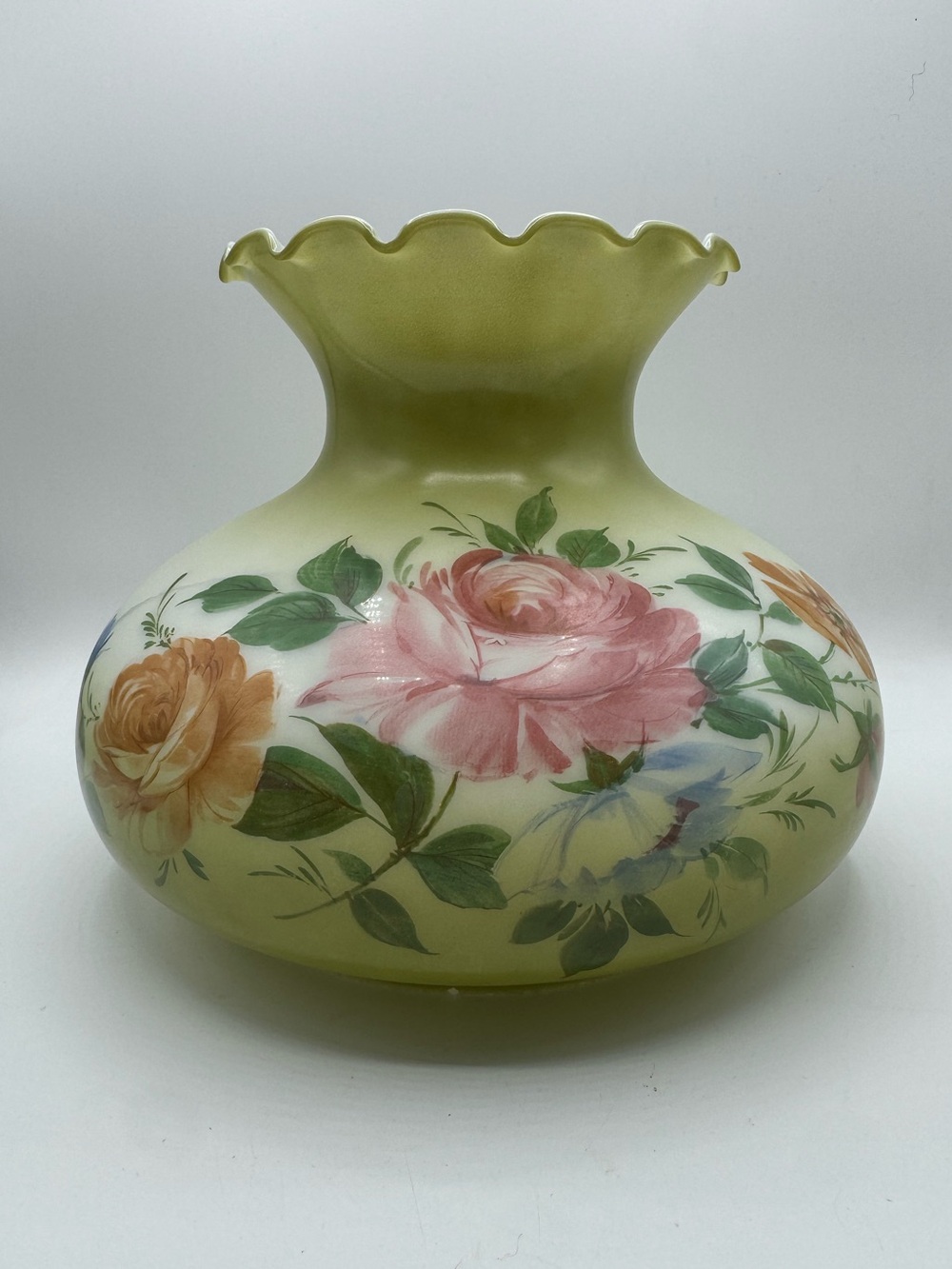 Vintage Glass Hurricane Lamp Shade Ruffled Hand Painted Flowers Green